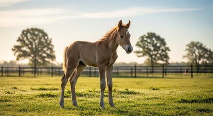 Obraz premium A young, light brown foal stands in a sunlit grassy field with trees in the background.