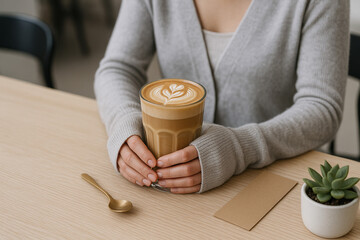 Minimalist café scene person in gray sweater holds a tall glass of latte with detailed art.