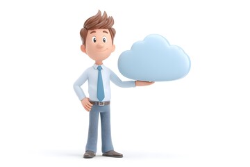 SaaS developer holding a glowing cloud server icon in one hand and smiling proudly, 3d animation, isolated on a white background