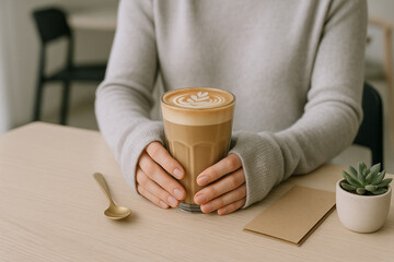 Minimalist café scene person in gray sweater holds a tall glass of latte with detailed art.