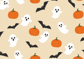 Fototapeta premium Cute Halloween Pattern with Ghosts, Bats, and Pumpkins.