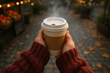 Steaming coffee in a paper cup held by hands in a warm sweater on a cool autumn day.