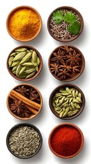 Awesome photo of various spices in wooden bowls isolated on white background, top view.