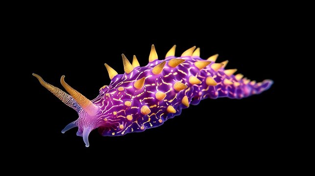 Vibrant purple nudibranch with yellow cerata on a black background