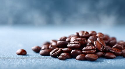 Heap of Roasted Coffee Beans on Blue Textured Background in Macro Shot