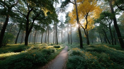 Sunlit Path Through Forest with Golden Autumn Trees and Green Foliage Ground Cover in a Serene Nature Landscape
