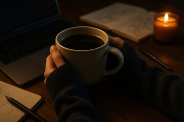 A warm mug of coffee, candlelight, and a notebook set the scene for quiet, creative work.