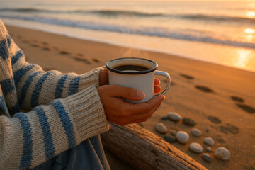 Hands warming on a steaming enamel mug of coffee while watching golden waves during a peaceful seaside sunrise.