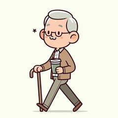 vector illustration of a grandfather walking carrying coffee and a stick