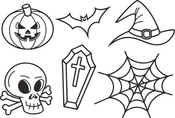 Black and white vector illustration set of Halloween symbols and icons design