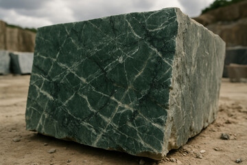 Close-up of a large raw block of dark green stone, featuring striking white and light grey natural fracture patterns.