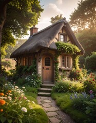 Quaint cottage nestled in a garden