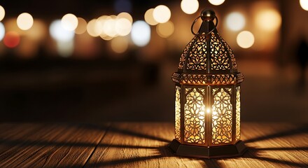 Ornate Golden Lantern Glowing on Wooden Table at Night