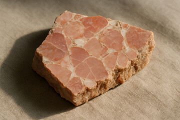 Close-up of a decorative stone slab with a unique pink breccia pattern for geology, crafts, or design.