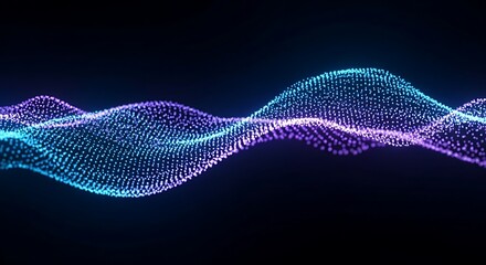 Abstract visualization of a glowing blue and purple wave formed by countless tiny particles, representing data flow, sound waves, or digital energy on a dark background
