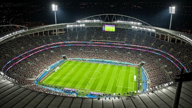Illuminated Football Stadium at Night - An aerial view of a large, modern football stadium at night, completely filled with spectators.
