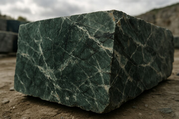 Close-up of a large raw block of dark green stone, featuring striking white and light grey natural fracture patterns.