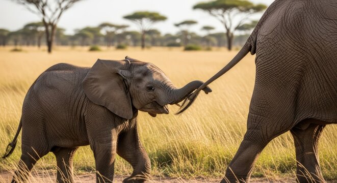 A baby elephant playfully holds onto its mother's tail as they walk through a grassy savanna landscape.