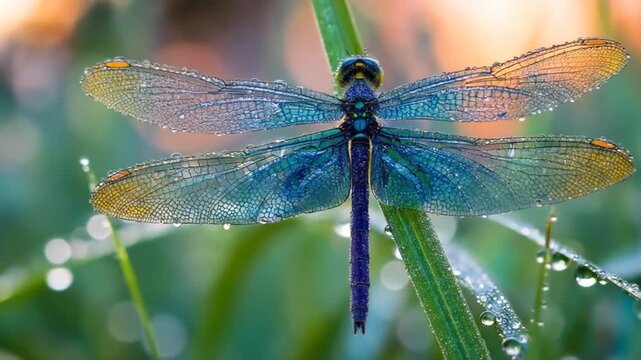 A close-up macro shot features a dragonfly covered in morning dew, wings are iridescent
