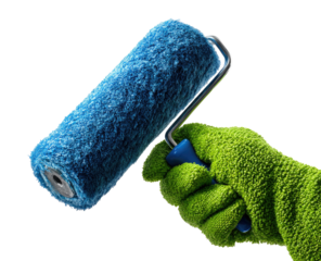 A paint roller held in a green glove