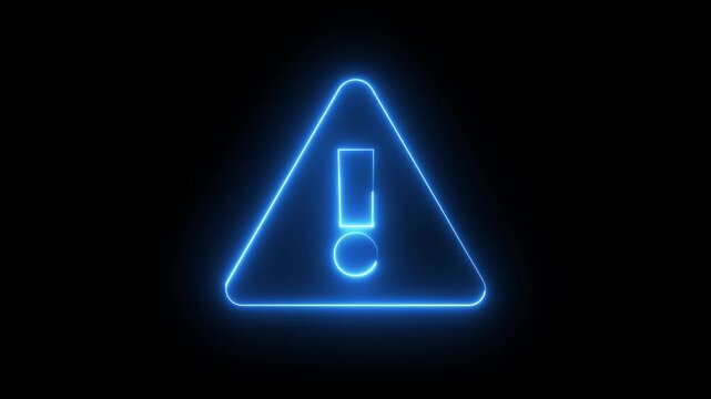 Neon warning attention icon animation glowing neon blue color danger risk alert neon error stop signal problem sign symbol with black background