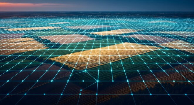 Aerial view of farmland with digital network grid overlay showing agricultural technology.