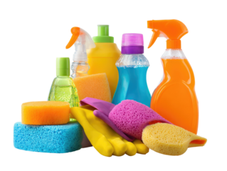 Colorful cleaning supplies in a studio shot