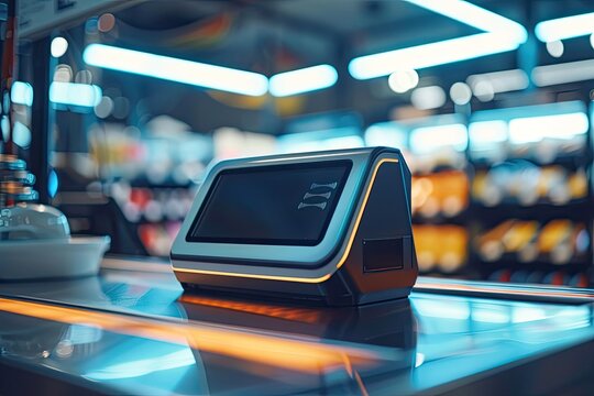 Futuristic glowing contactless payment terminal with digital technology light Ключевые слова: - Powered by Adobe