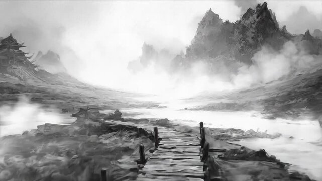 Monochrome landscape of a rickety bridge leading to mountains in the misty distance