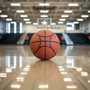 El foco del juego: un bal&oacute;n de baloncesto centrado en la brillante cancha de madera