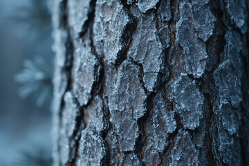 Close-up of frozen pine bark texture, dusted with glistening white frost and tiny ice droplets in winter.