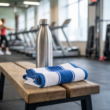El momento de la hidrataci&oacute;n: botella y toalla en la banca del gimnasio