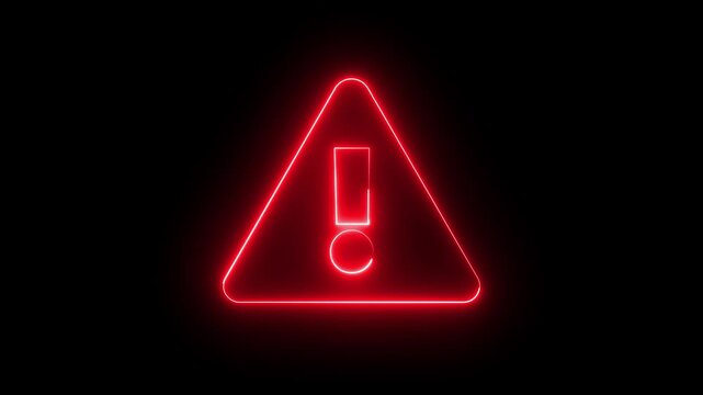 Neon warning attention icon animation glowing neon red color danger risk alert neon error stop signal problem sign symbol with black background