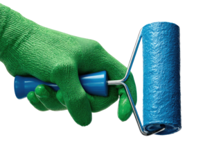A hand in green glove holds a blue paint roller