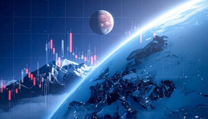 “Earth at night with financial data overlay and moon backdrop—global markets meet cosmic scale”

