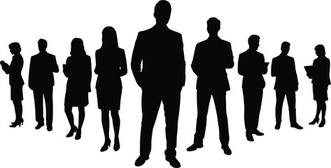 Business team silhouette vector, cartoon-style professionals in formal attire with central leader figure, editable corporate illustration for branding and leadership