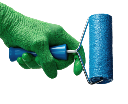 A hand in green glove holds a blue paint roller