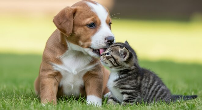 A small brown and white puppy affectionately licks a tiny tabby kitten on a grassy lawn.