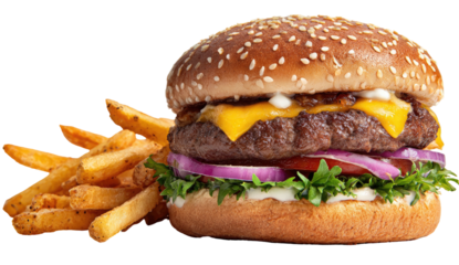 A juicy cheeseburger with crispy fries