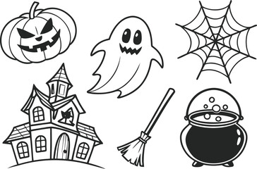 A vector illustration set of black silhouette halloween icons including pumpkin, cat, and witch hat designs