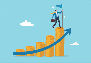 Financial success, profit or compound interest to grow investment fund and reach goal, income or wealth accumulation, stock market earning concept, businessman holding success flag on money stack.