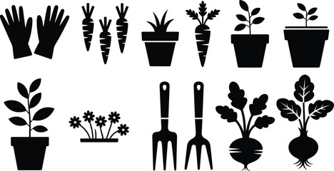 Gardening silhouette vector set, cartoon-style icons of gloves, carrots, potted plants, tools, and vegetables, editable nature elements for design use