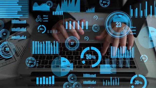 Hands typing on a laptop in an office setting, surrounded by floating data visualizations. Represents data analysis with various graphs and statistics in the digital world. Xenic - Powered by Adobe