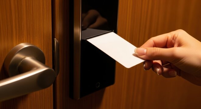 Hand inserts hotel key card into door lock for room access and security