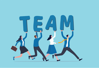 Team working together to win business success, teamwork, cooperation or collaboration, coworker partnership or office colleagues concept, business team people walking together holding the word TEAM