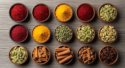 Colorful Spices Collection in Wooden Bowls on Rustic Table