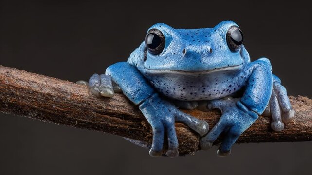 Striking blue frog perched on branch, eyes forward, against a dark blurred background