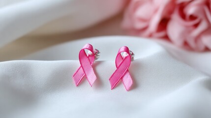 Pink Breast Cancer Awareness Ribbon Earrings on White Fabric