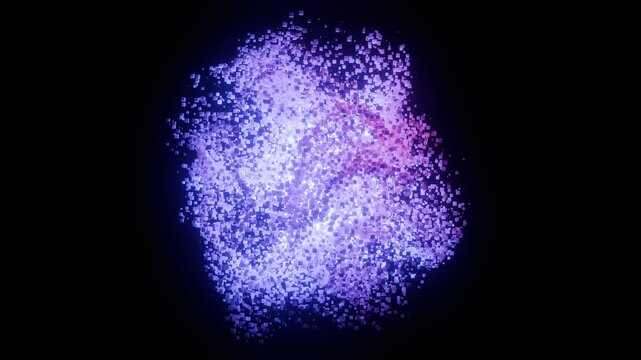 Glowing Abstract Cloud of Digital Data Particles. Neon Cubes Representing Information Flow, Big Data Analytics, Cloud Computing, and Cyber Technology. Seamless loop. Created using non-AI 3d software