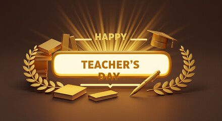 Teachers’ Day celebration abstract background, glowing golden light with books, pen, and laurel wreath, space for text, 3D render.